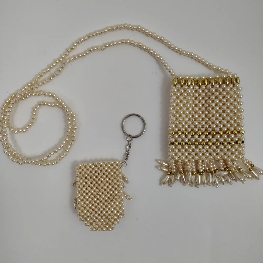 Vintage 70s 80s Off White Faux Pearl Beaded Purse Necklace And Keychain Bridal - Picture 5 of 8
